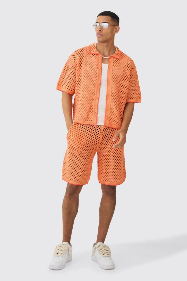 Oversized Boxy Open Stitch Contrast Tipping Shirt Short Set | boohooMAN USA Product Image