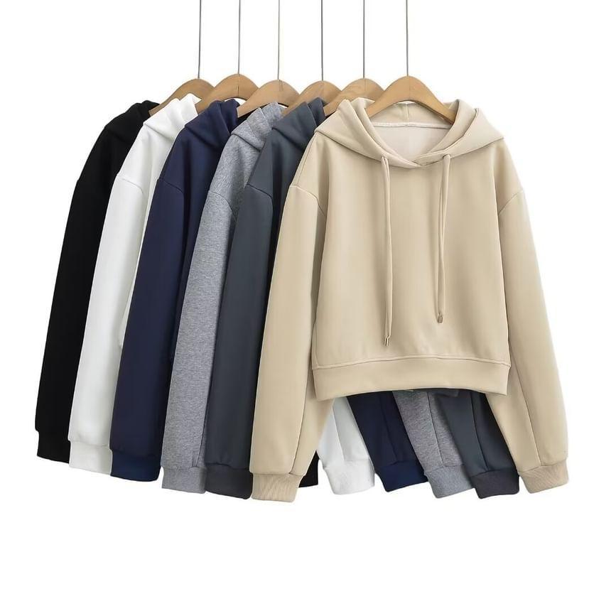 Drop Shoulder Drawstring Crewneck Plain Cropped Hoodie Product Image