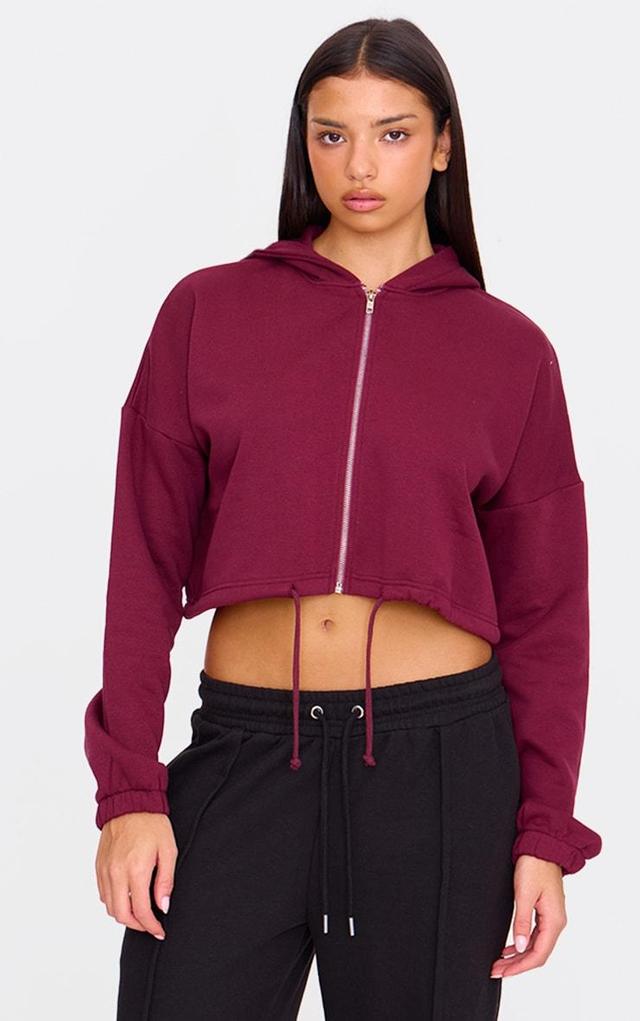 Burgundy Toggle Waist Zip Up Cropped Hoodie Product Image