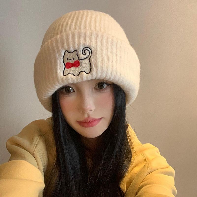 Cat Embroidered Ribbed Knit Beanie product image