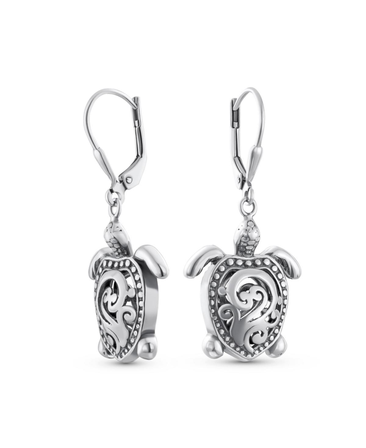 Bling Jewelry Honeymoon Vacation Nautical Balinese Tortoise Beach Balinese Turtle Dangle Earrings For Women Teen Oxidized .925 Sterling Silver - Silve Product Image