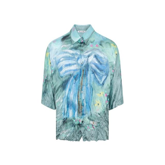 ACNE STUDIOS Sandroki Printed Crinkled-satin Shirt In Sage Green Light Blue Product Image