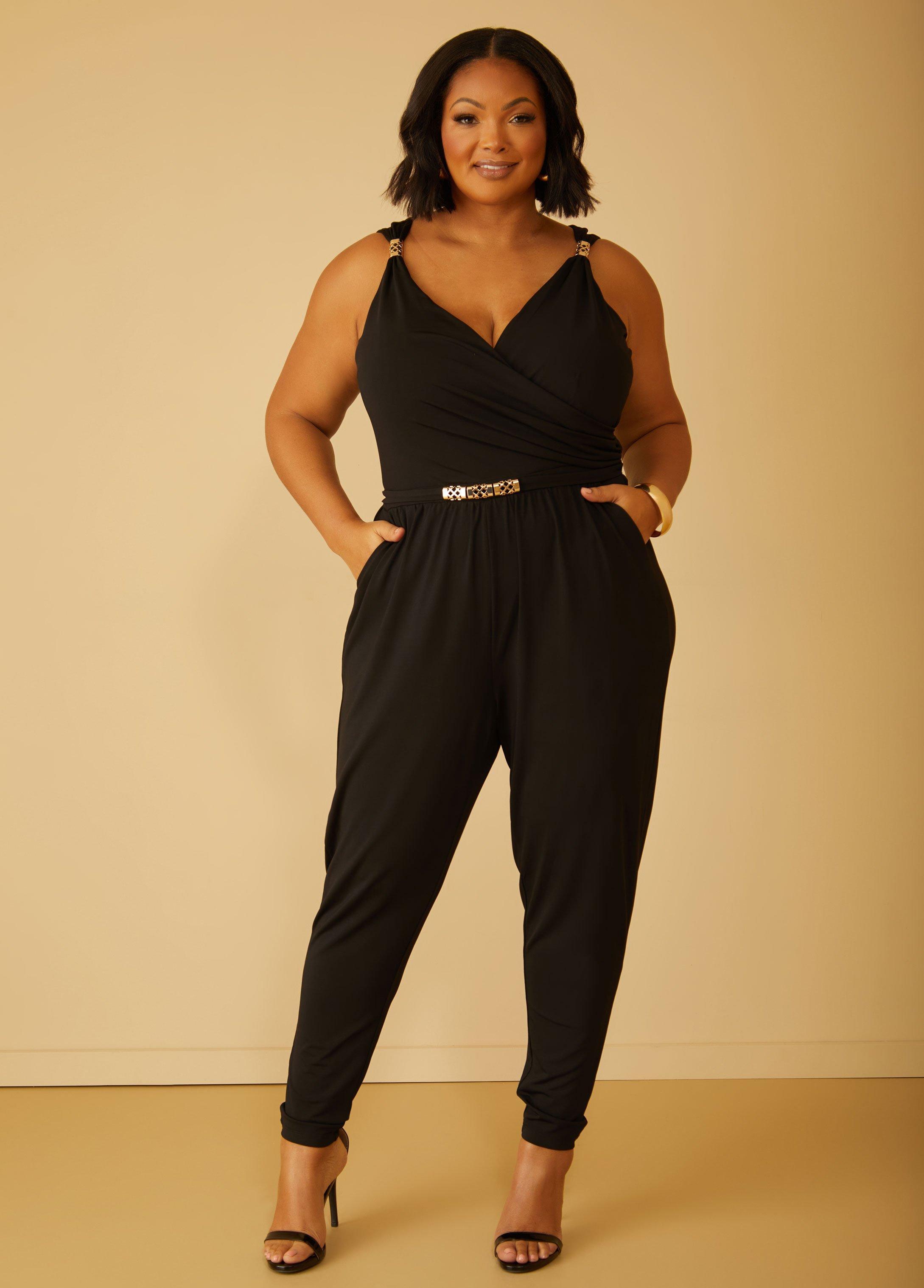 Plus Size Embellished Faux Wrap Jumpsuit, - Ashley Stewart Product Image