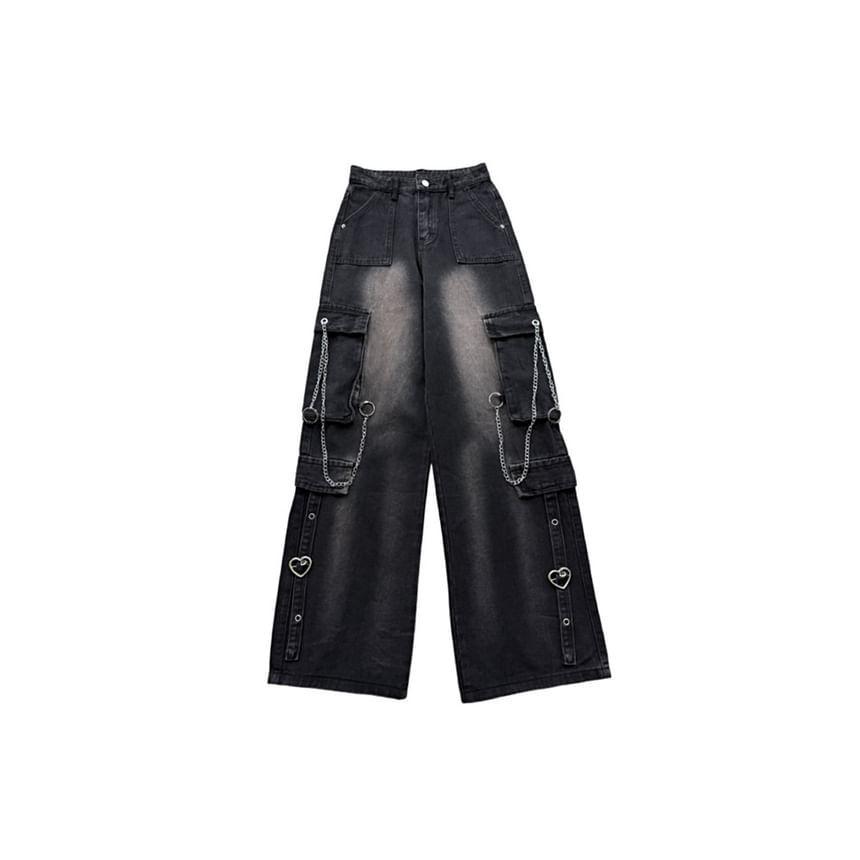 Low Rise Washed Chained Wide Leg Cargo Jeans Product Image