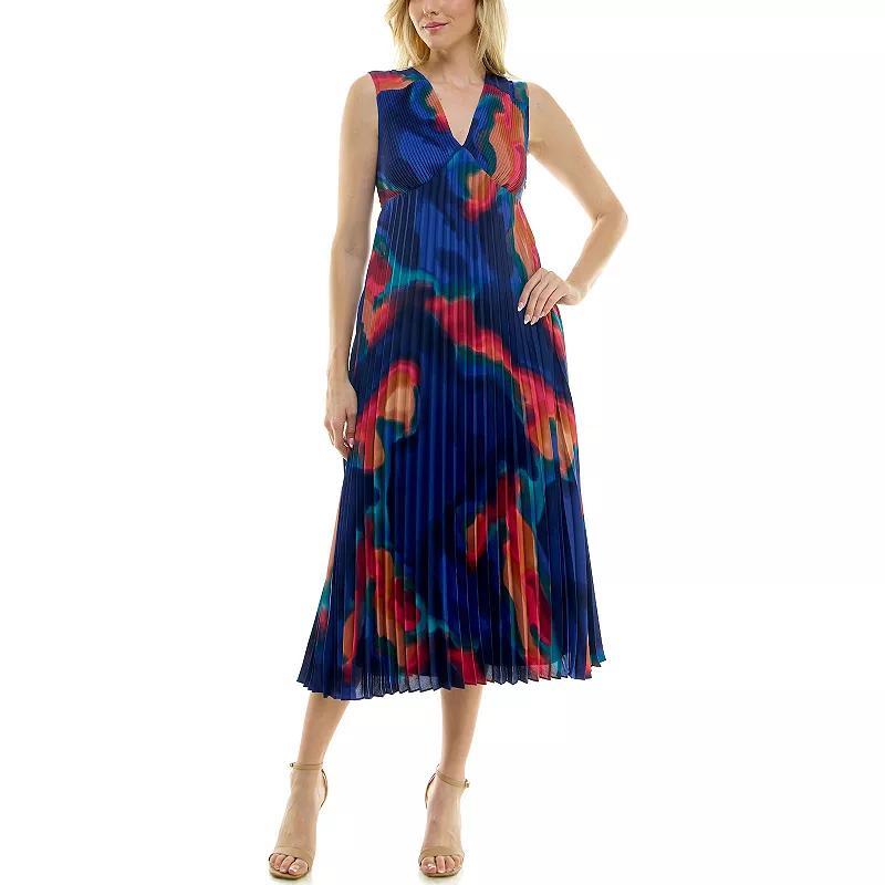 Womens Nicole Miller Abstract Print V-Neck Pleated Midi Dress Product Image