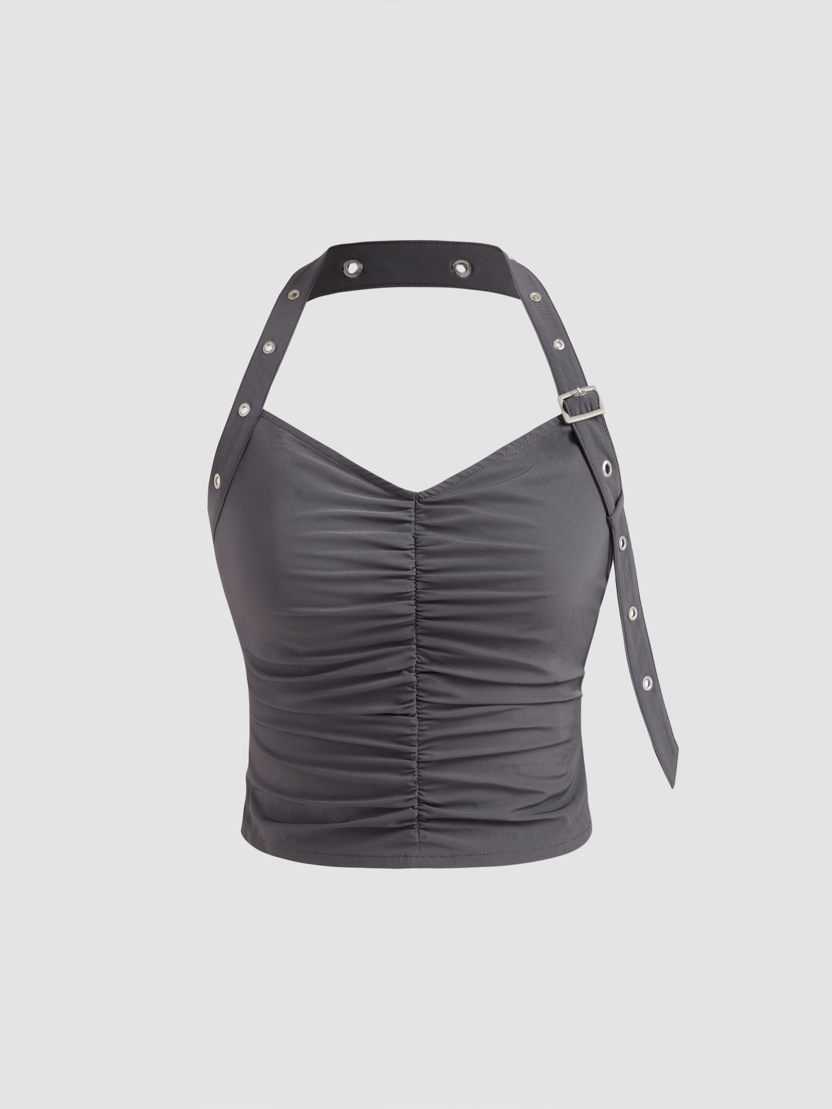 Halter Solid Ruched Belted Crop Top Product Image