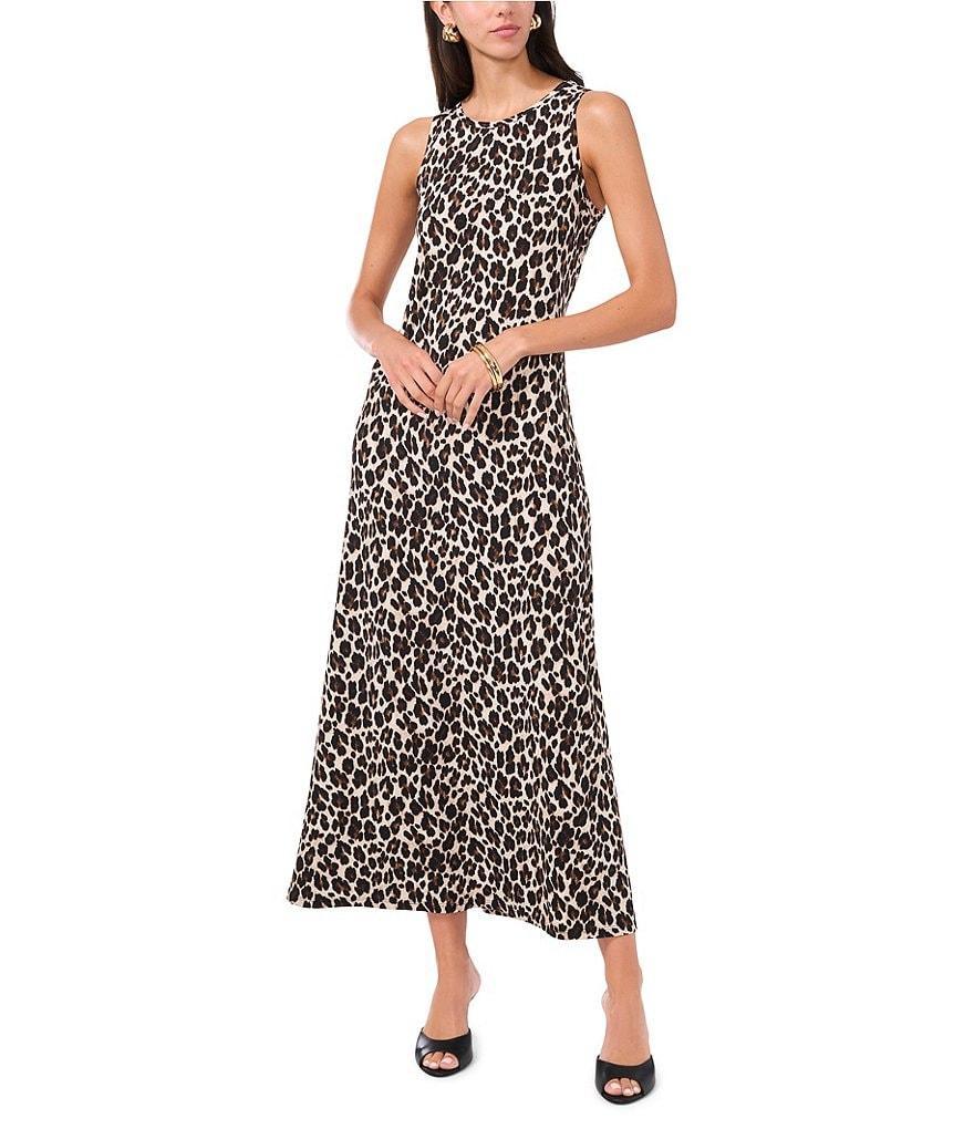 Vince Camuto Knit Leopard Crew Neck Sleeveless Back Keyhole Split Hem Column Maxi Dress Product Image