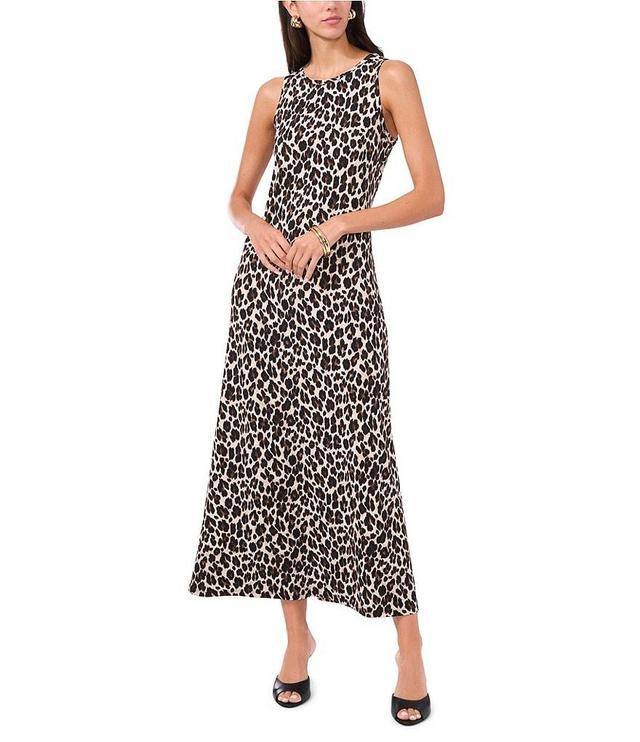 Vince Camuto Knit Leopard Crew Neck Sleeveless Back Keyhole Split Hem Column Maxi Dress Product Image