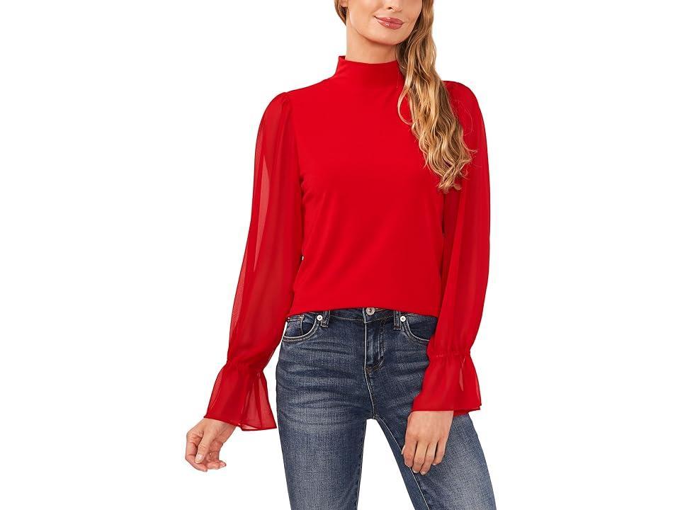 CeCe Sheer Sleeve Mock Neck Mixed Media Top Product Image