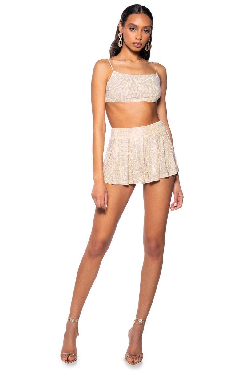 DIAMONDS DANCING PLEATED MINI SKIRT IN BEIGE Product Image