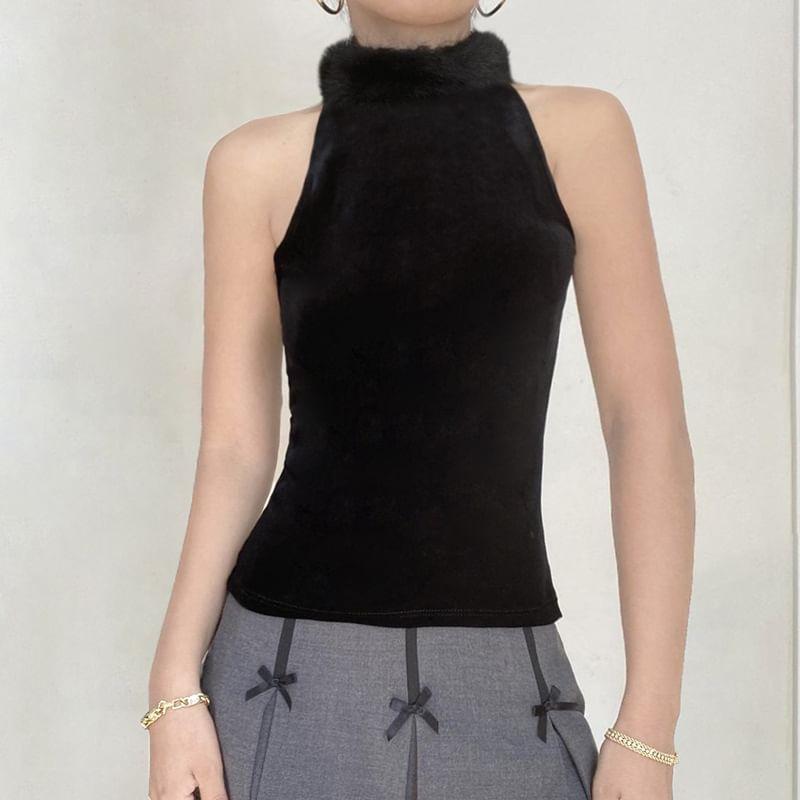 Sleeveless Velvet Plain Crop Top Product Image