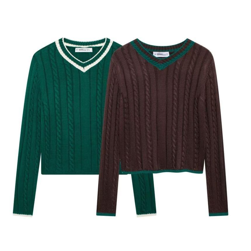 Long Sleeve V-Neck Contrast-Trim Cable-Knit Loose-Fit Sweater Product Image