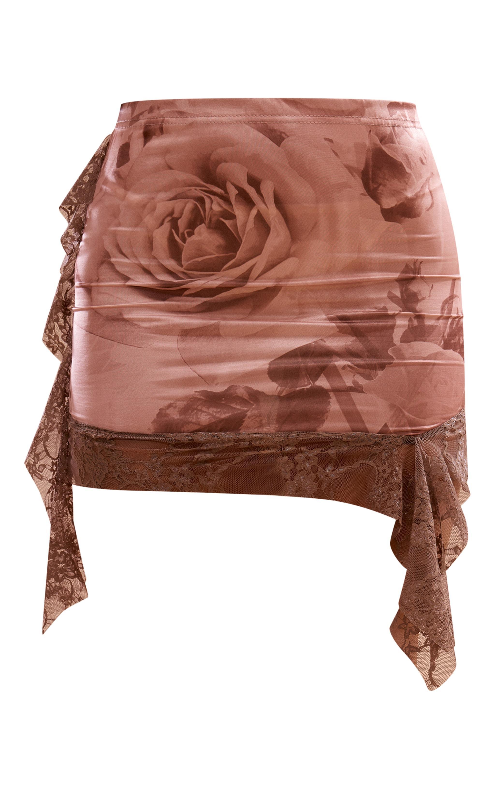 Nude Rose Print Slinky Lace Trim Mini Skirt Product Image