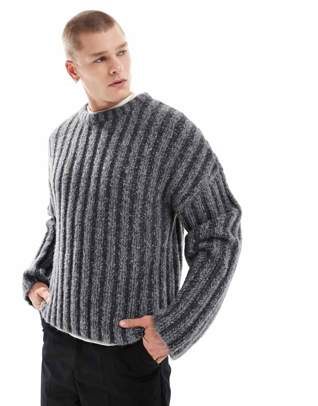 Weekday Connor wool blend slightly cropped ribbed sweater in gray Product Image