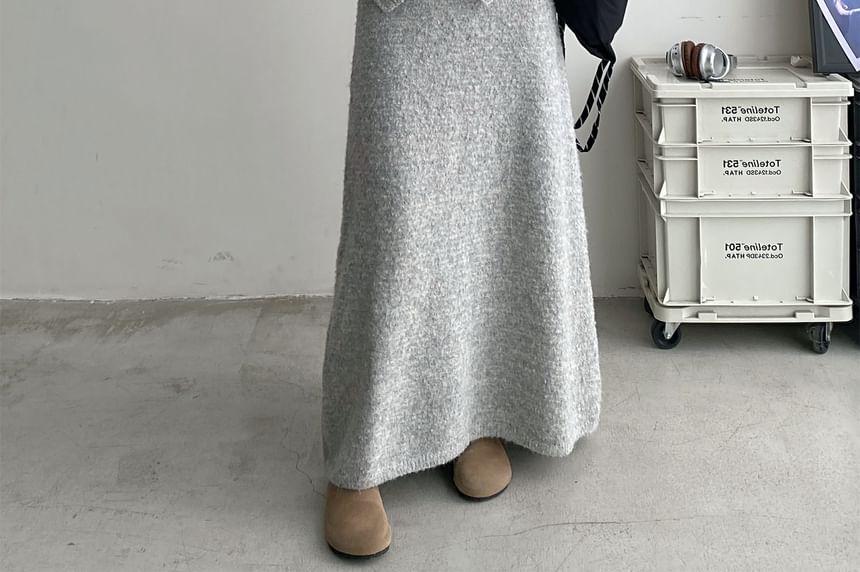 Drop Shoulder Round Neck Faux Pearl Button Cardigan / Mid Waist Plain Maxi A-Line Skirt Product Image