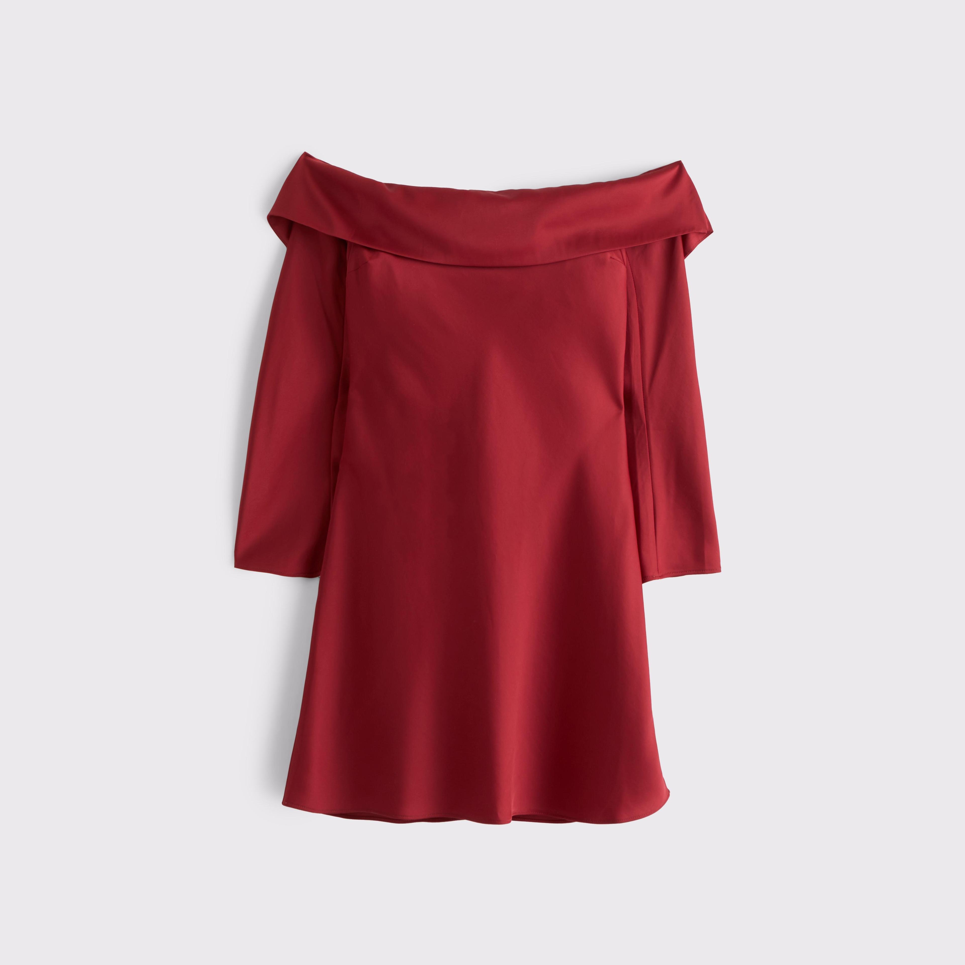 Long-Sleeve Off-The-Shoulder Satin Mini Dress Product Image