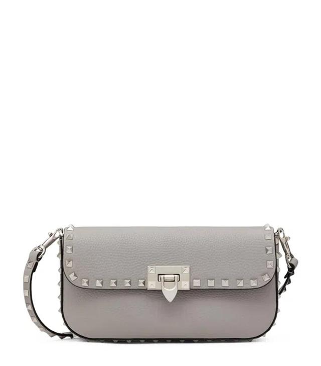 VALENTINO GARAVANI Medium Leather Rockstud Shoulder Bag In Gray Product Image