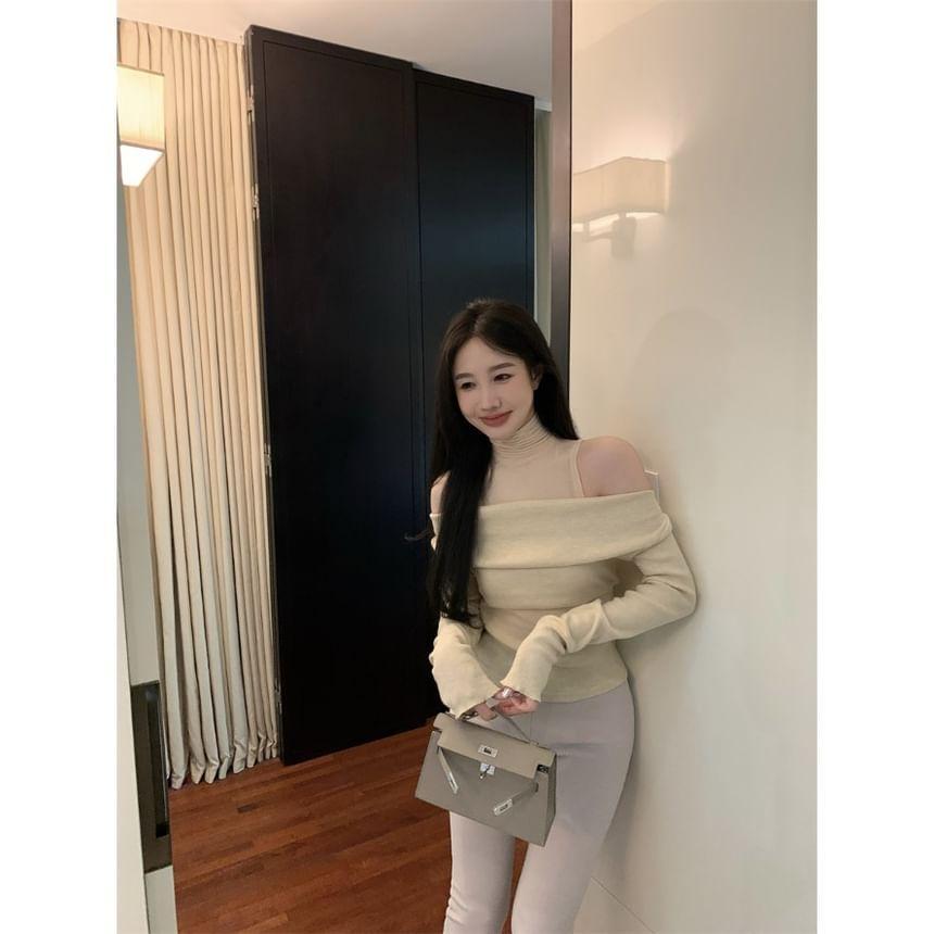 Long Sleeve Turtleneck Cold Shoulder Mock Two Piece Knit Top Product Image