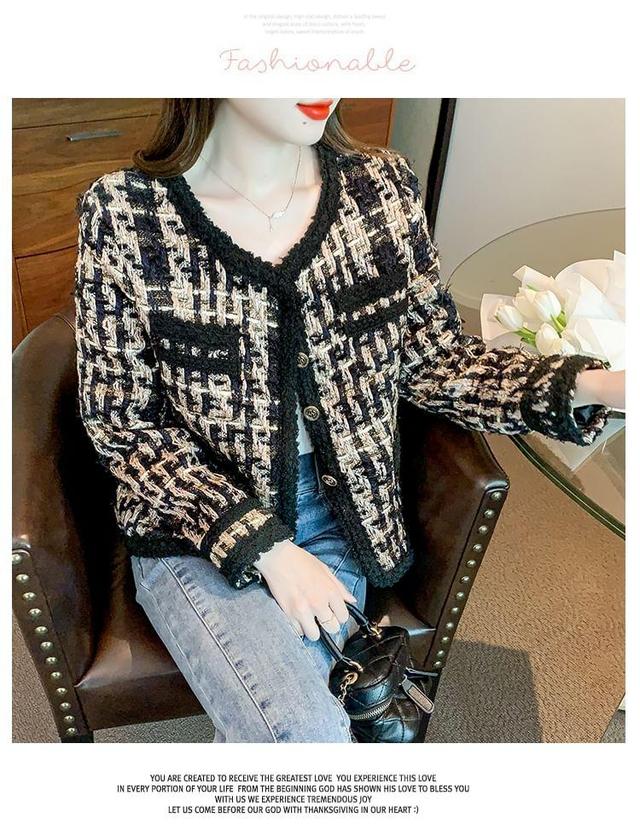 V-Neck Houndstooth Tweed Button Jacket Product Image