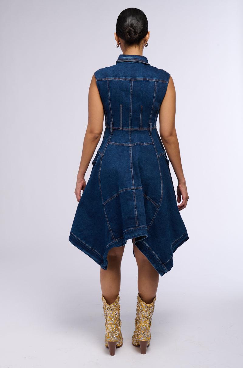 WINONA CAP SLEEVE BUTTON DOWN DENIM MIDI DRESS IN DARK BLUE Product Image