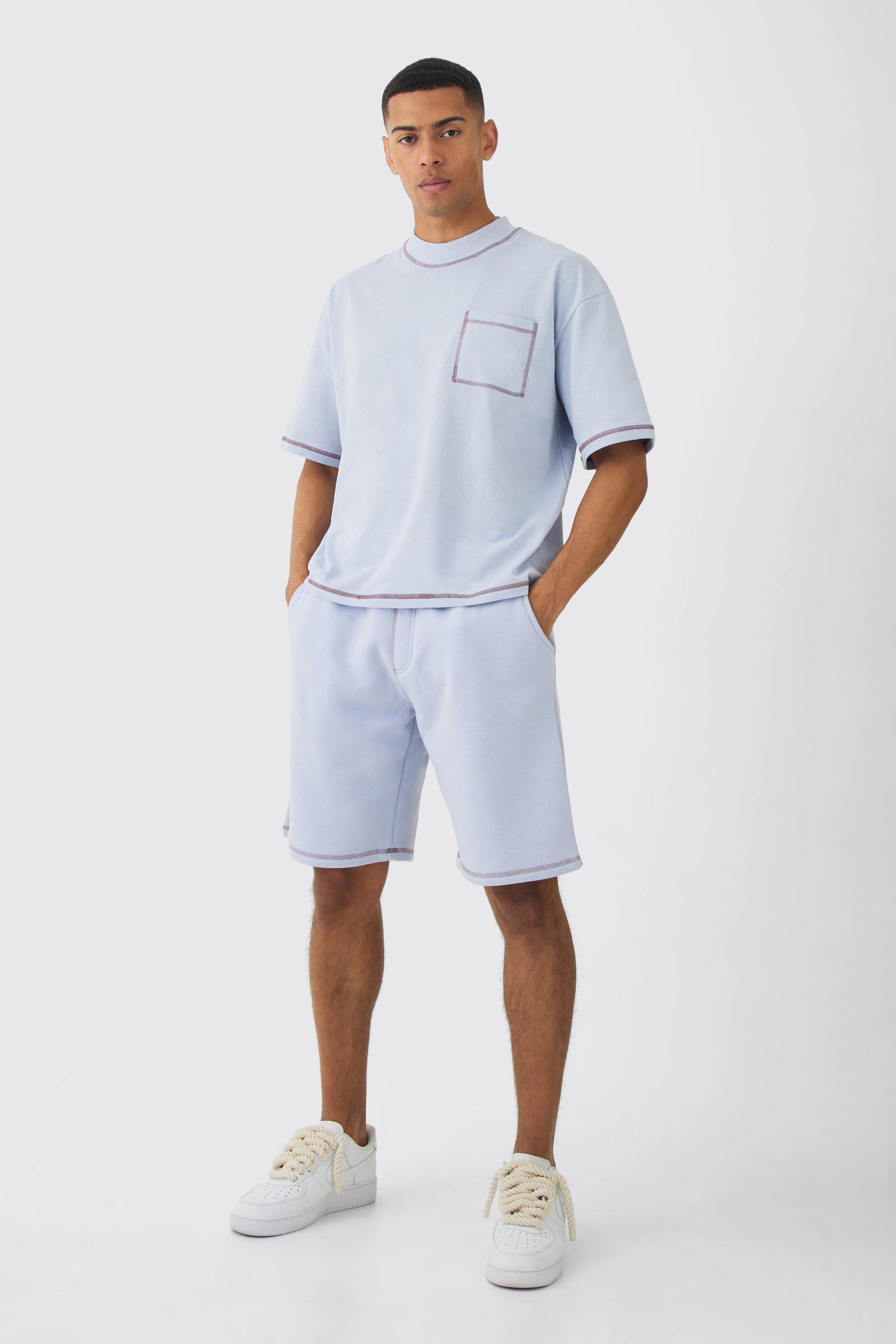 Oversized Boxy Contrast Stitch T-shirt & Shorts Set | boohooMAN USA Product Image