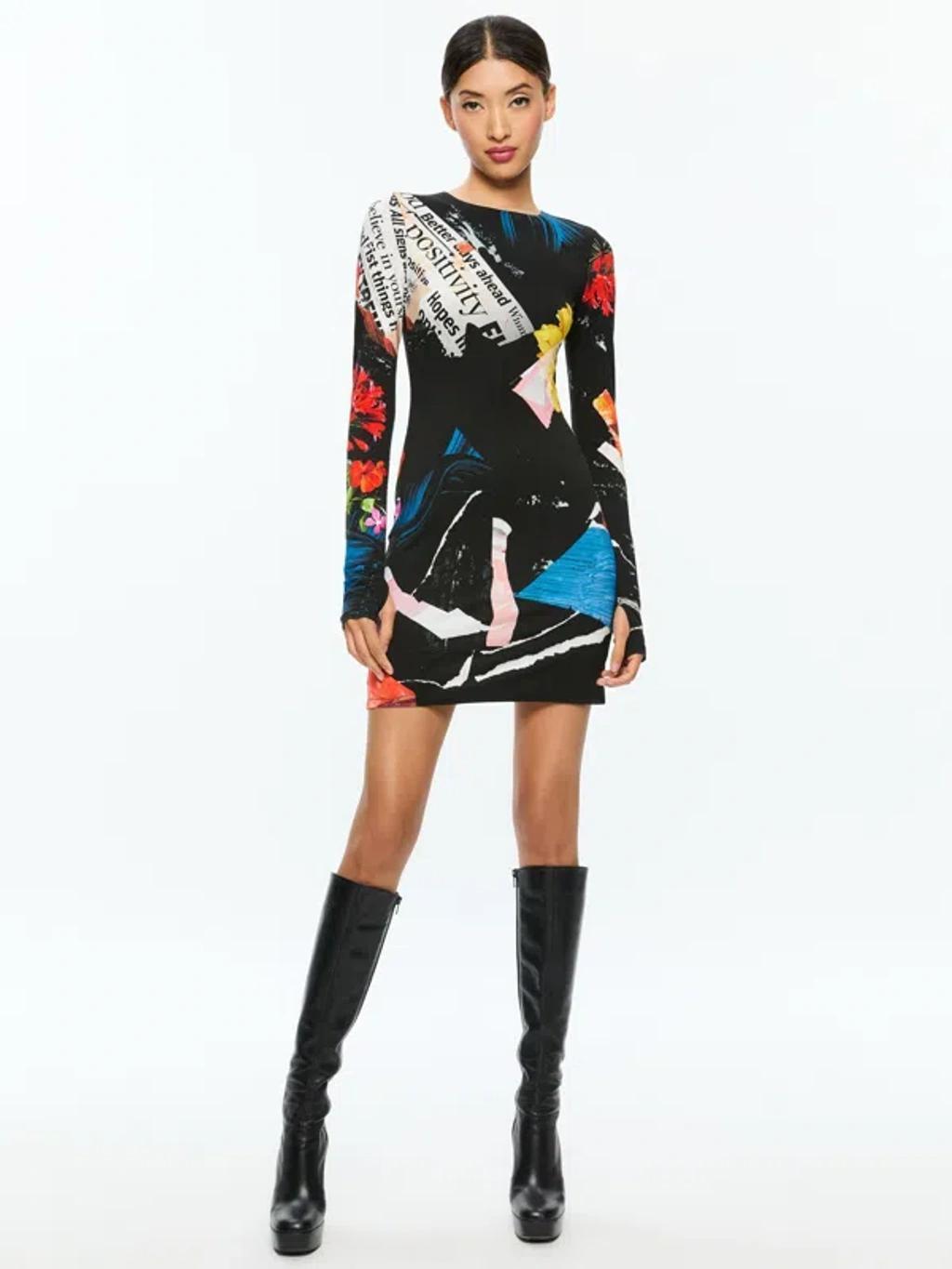 ALICE AND OLIVIA Delora Crew Neck Long Sleeve Mini Dress In Azalea Floral Product Image