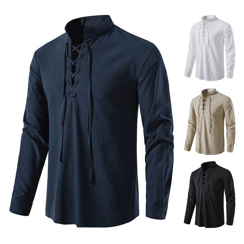 Long-Sleeve Collared Lace Up Shirt Product Image