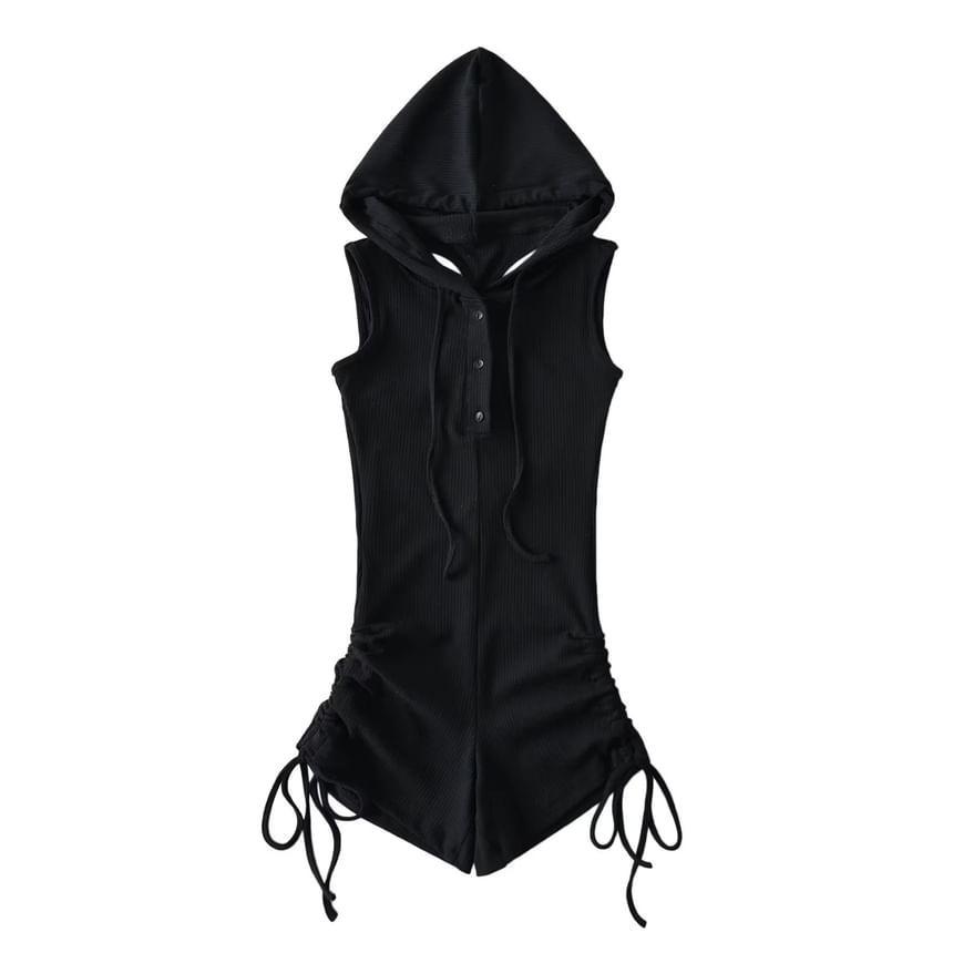 Sleeveless Henley Plain Hooded Drawstring Romper Product Image