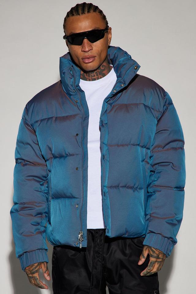 Stormy Iridescent Nylon Cropped Puffer Jacket - Blue Product Image