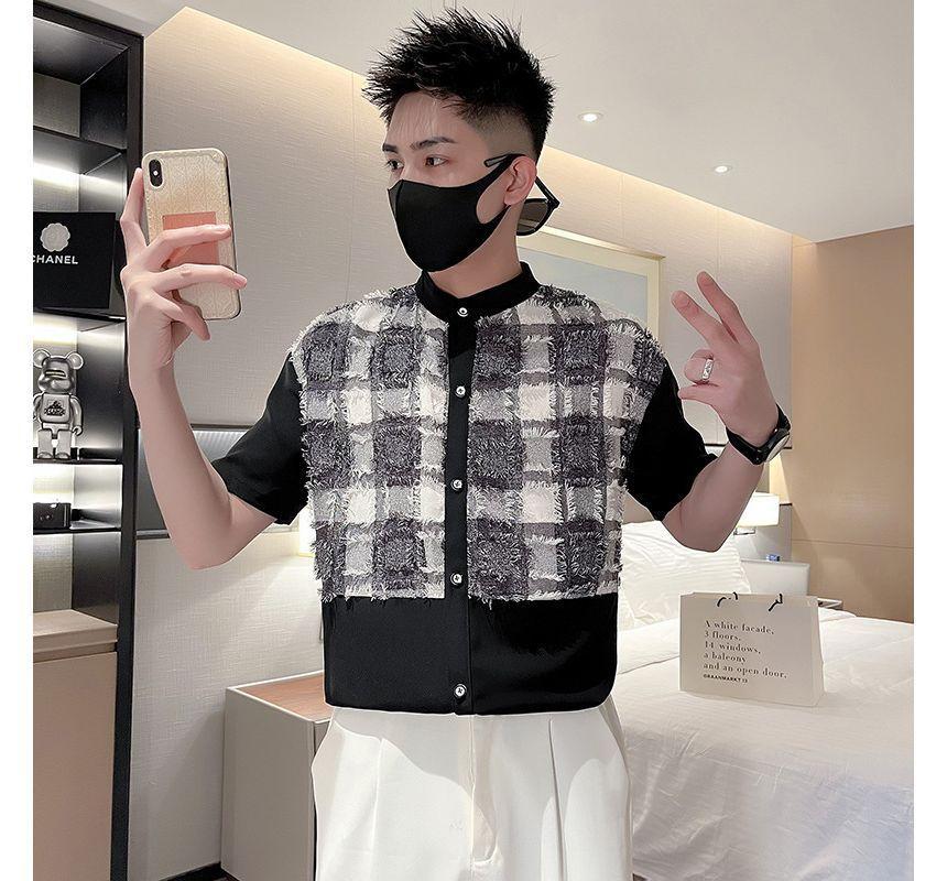 Short-Sleeve Band Collar Plaid Panel Shirt product image