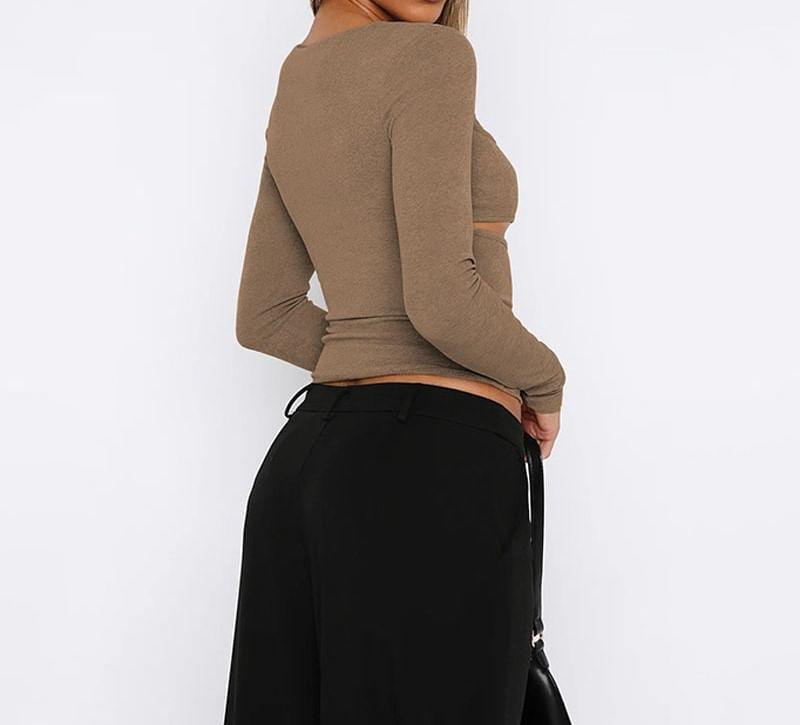 Long-Sleeve Plain Cutout Top Product Image