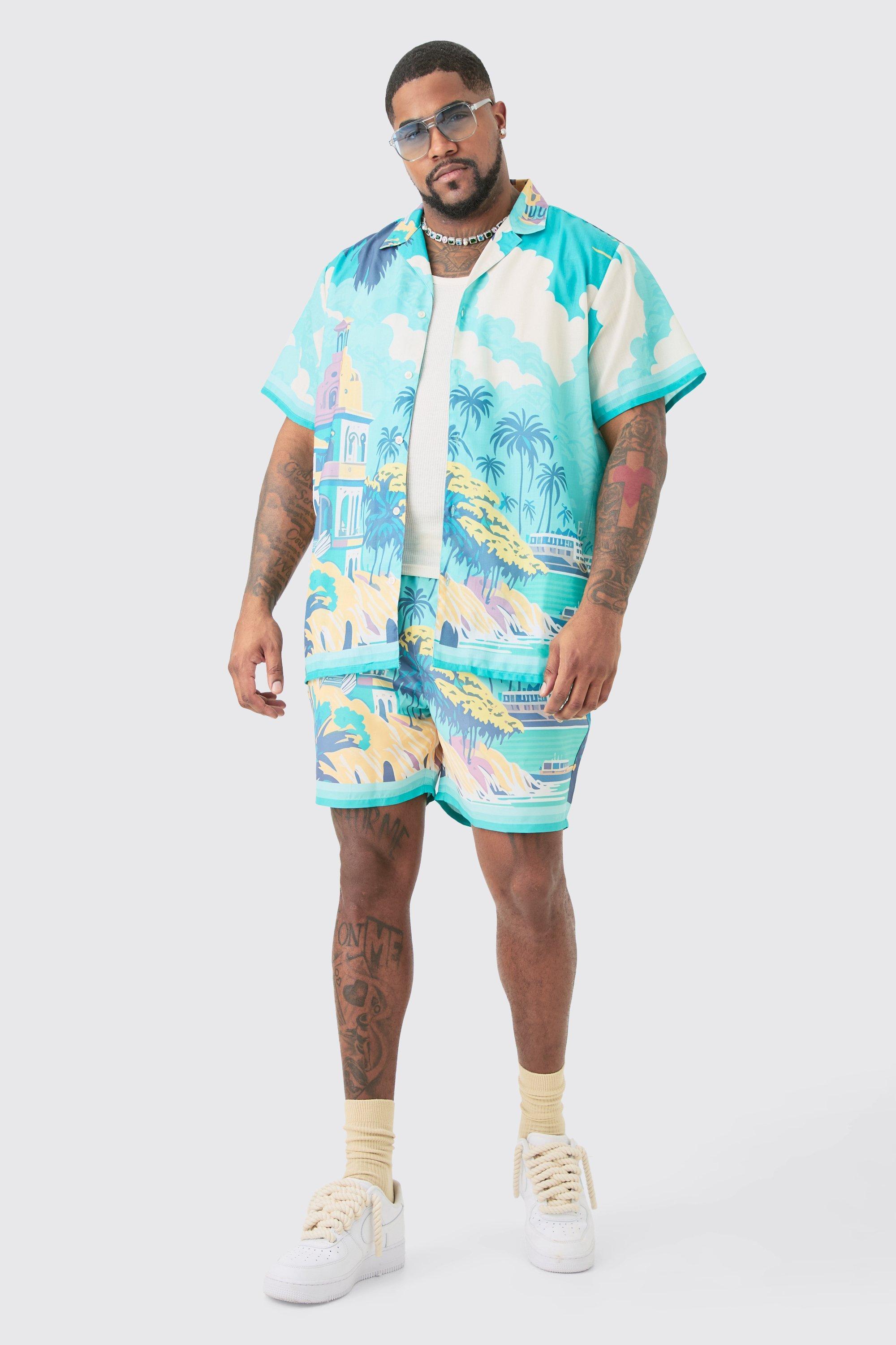 Plus Regular Landscape Print Shirt & Swim Trunks Set | boohooMAN USA Product Image