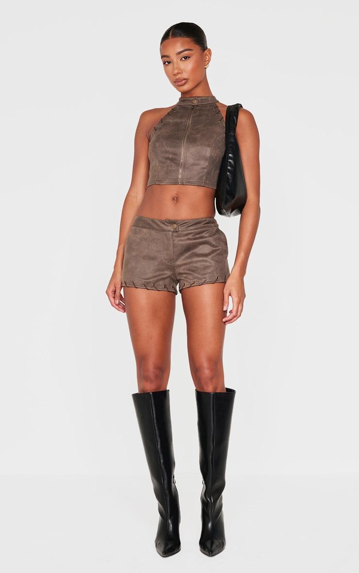 Brown Distressed Faux Suede Eyelet Zip Up Top Product Image