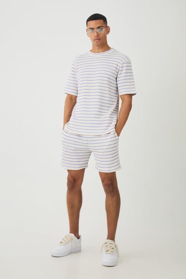 Regular Fit Waffle Stripe T-shirt & Shorts Set | boohooMAN USA Product Image