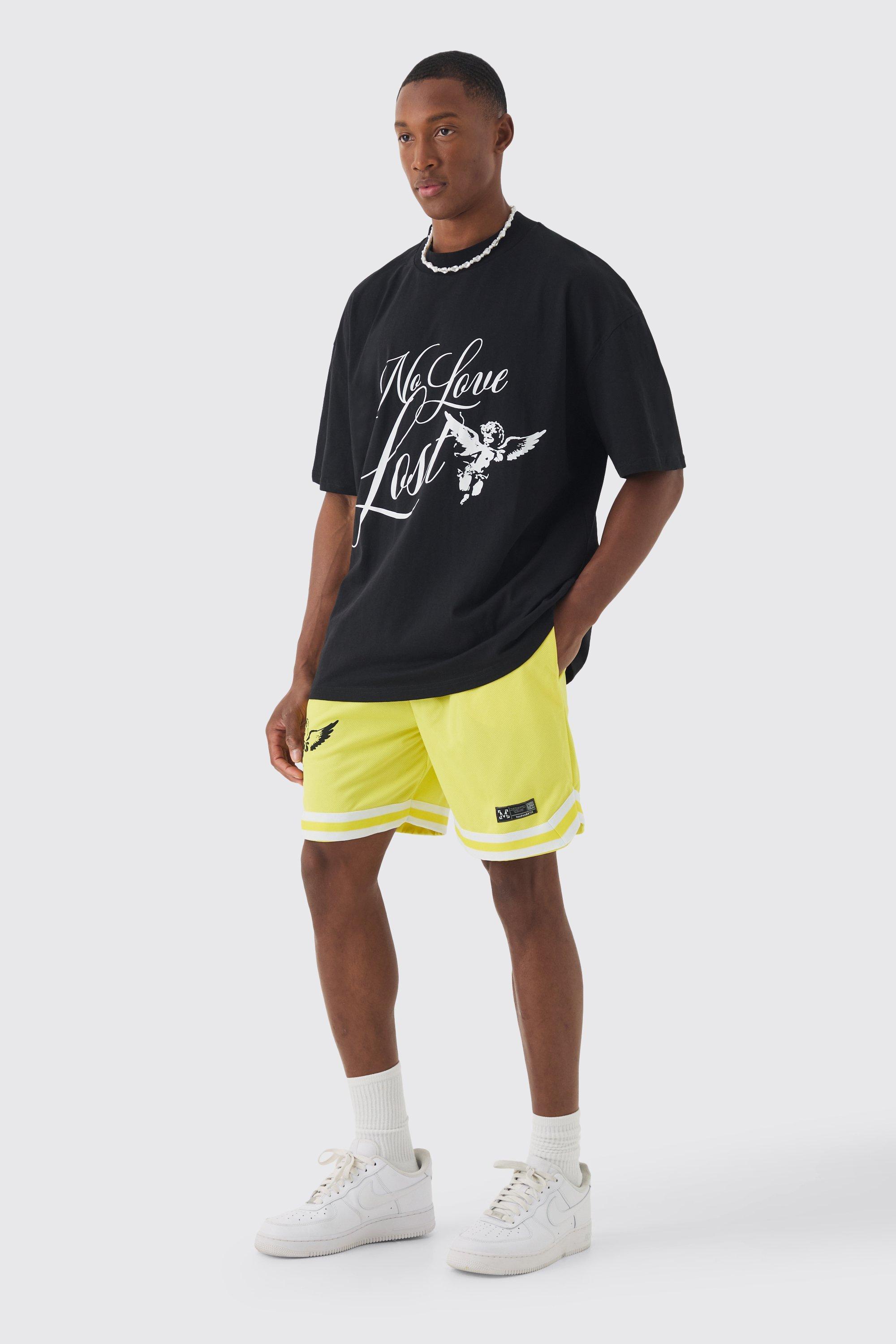 Oversized Extended Neck No Love T-shirt & Mesh Short Set | boohooMAN USA Product Image