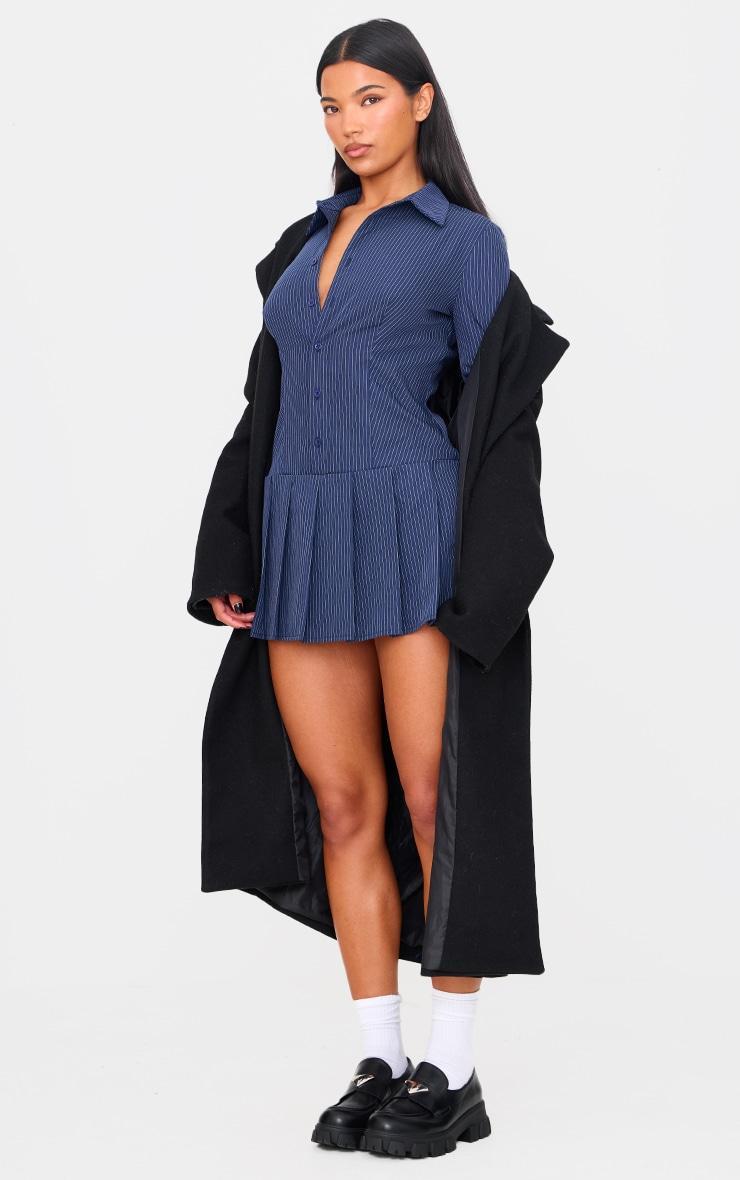 Navy Stripe Shirt Pleated Skort Romper Product Image