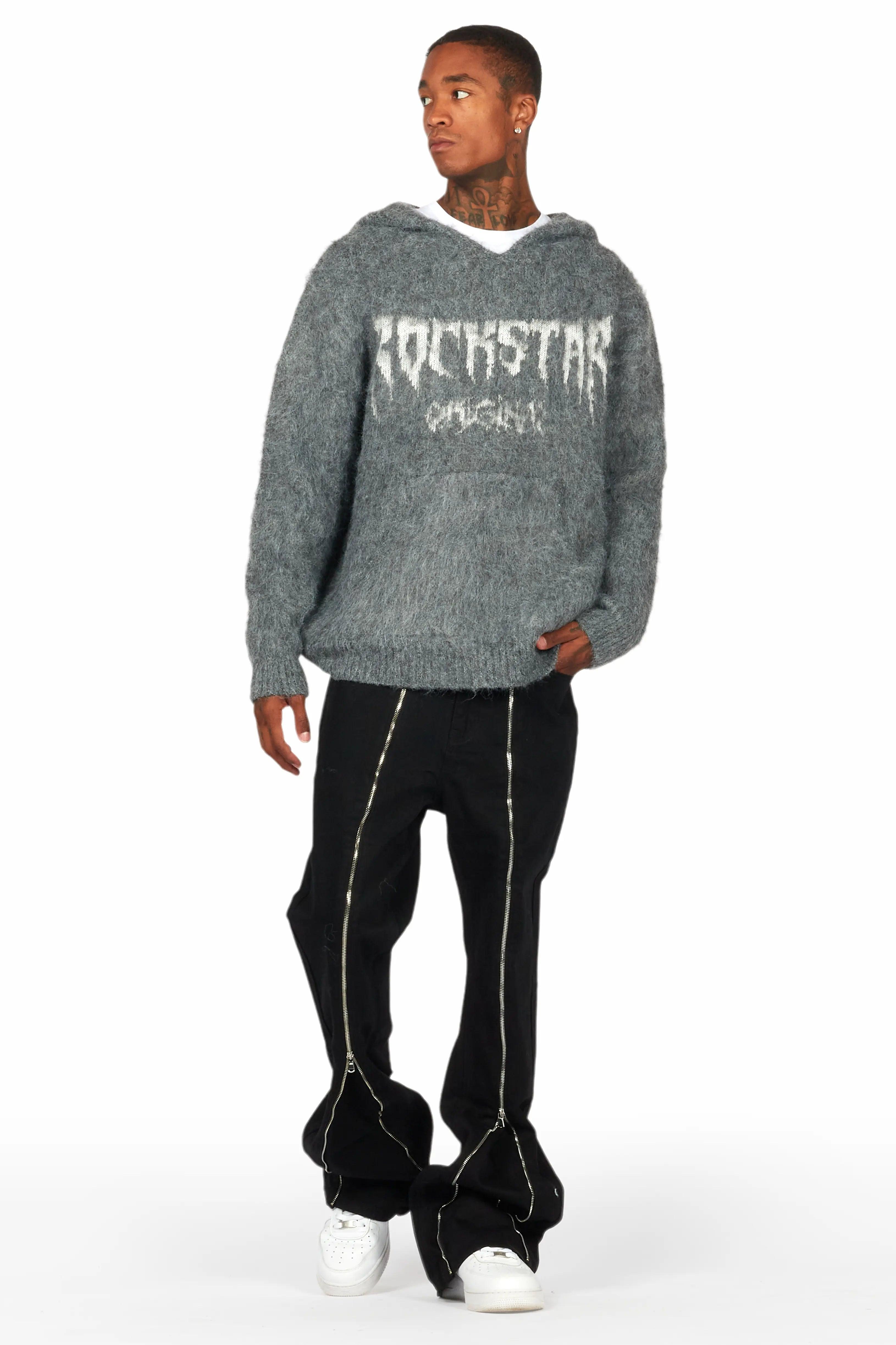 Andros Grey Graphic Knitted Mohair Hoodie Male Product Image