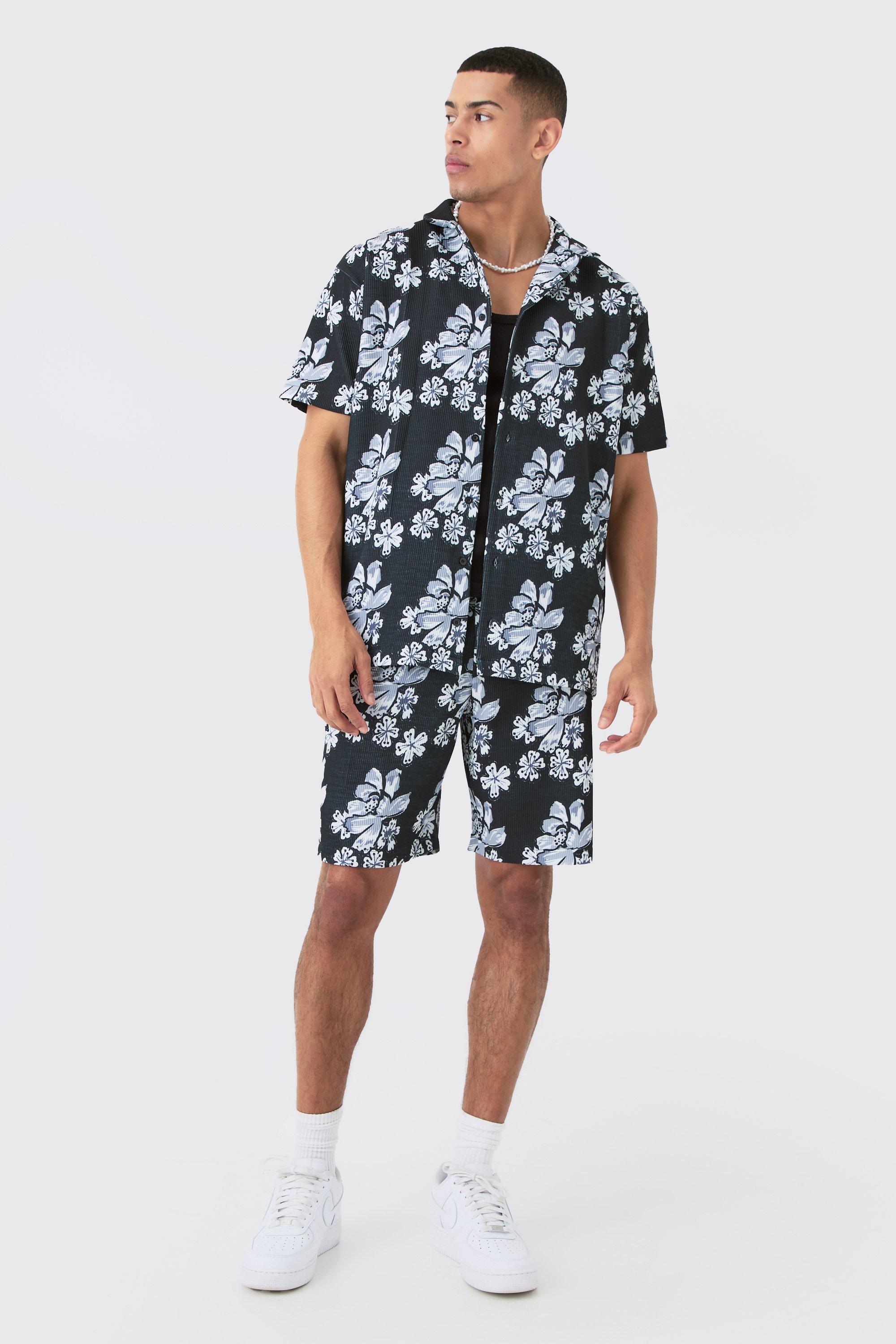 Oversized Floral Printed Pleated Shirt & Short Set | boohooMAN USA Product Image