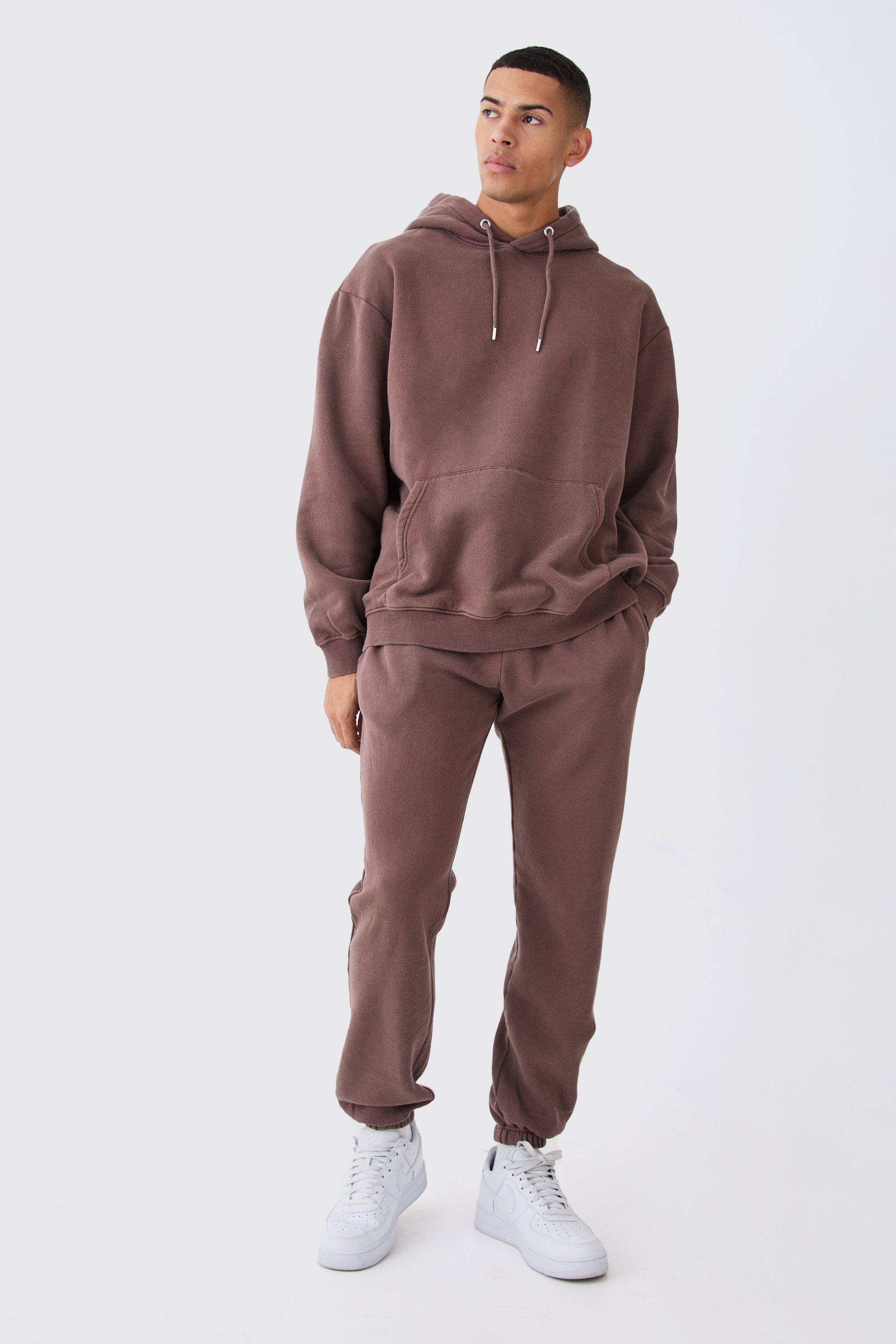 Mens Brown Oversized Washed Hooded Tracksuit, Brown Product Image