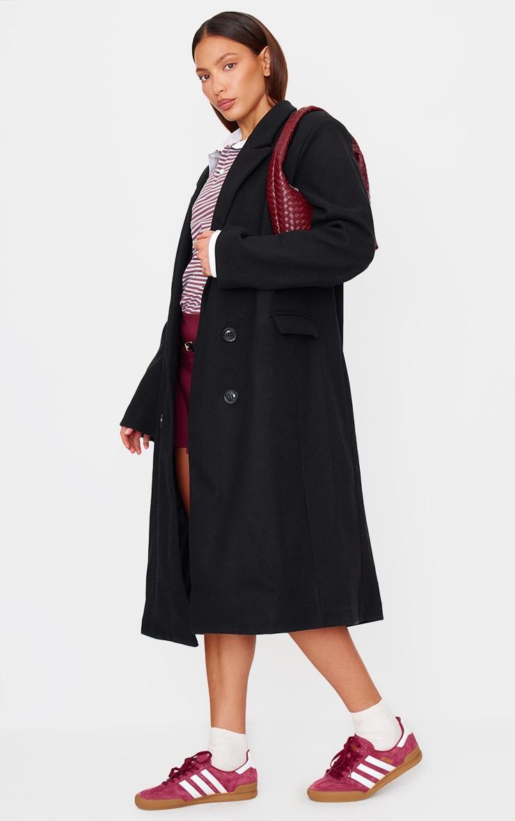 Black Double Breasted Wool Look Overcoat Product Image