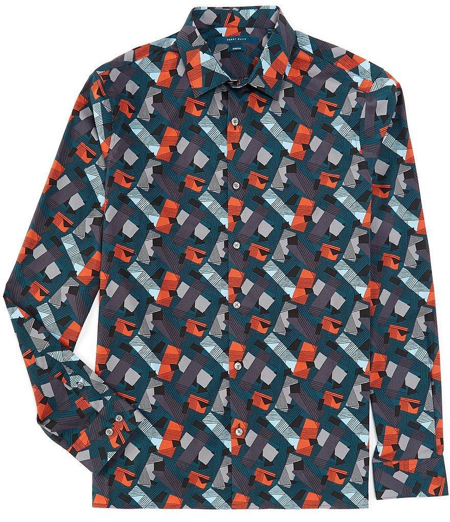 Perry Ellis Stretch Roadmap Print Long Sleeve Woven Shirt Product Image