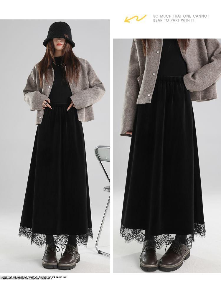 High Waist Plain Lace Panel Velvet Maxi A-Line Skirt Product Image