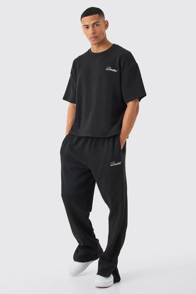 Mens Black Oversized Boxy Embroided T-shirt And Trouser Set, Black Product Image