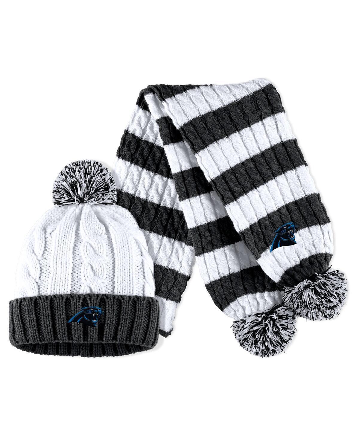 Womens WEAR by Erin Andrews Black/White Carolina Panthers Cable Stripe Cuffed Knit Hat with Pom and Scarf Set Product Image