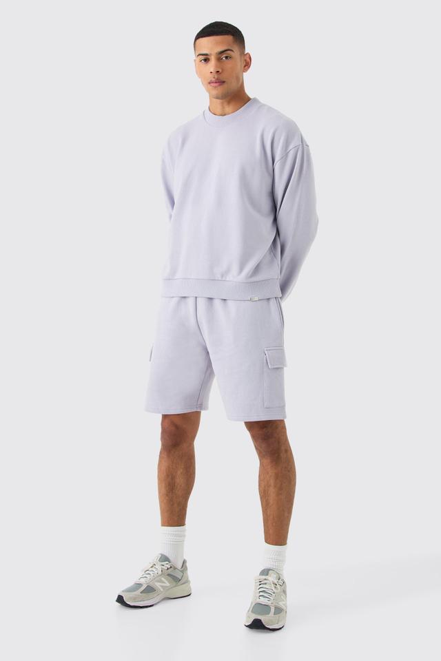 Oversized Heavyweight Sweatshirt Short Cargo Tracksuit | boohooMAN USA Product Image