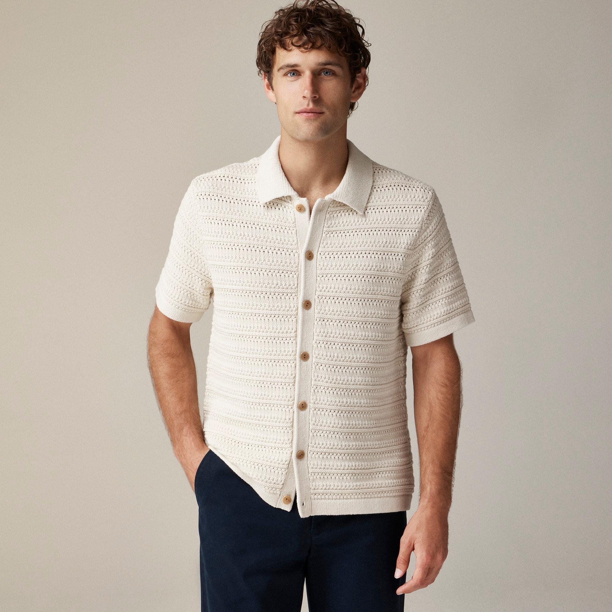 Short-sleeve cotton open-stitch polo cardigan sweater Product Image