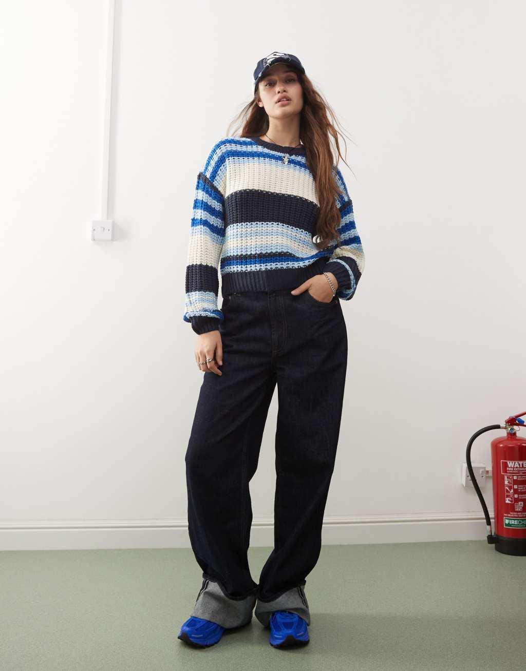 Noisy May chunky open knit sweater in cream & blue stripe Product Image