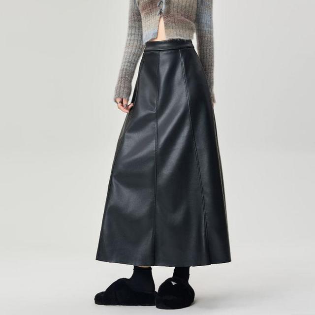 High Rise Faux Leather Midi A-Line Skirt Product Image