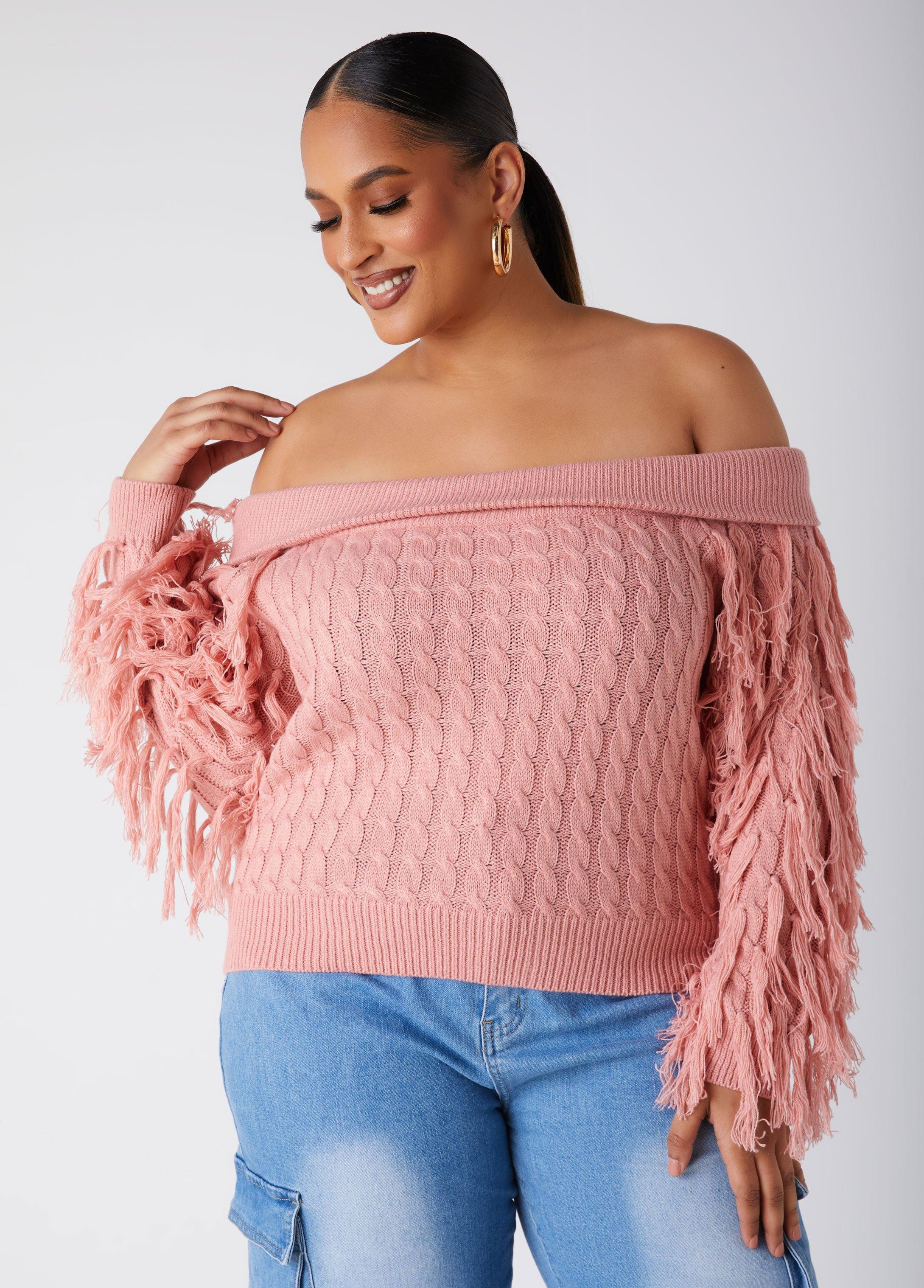 Plus Size Off The Shoulder Fringed Sweater Ashley Stewart Product Image