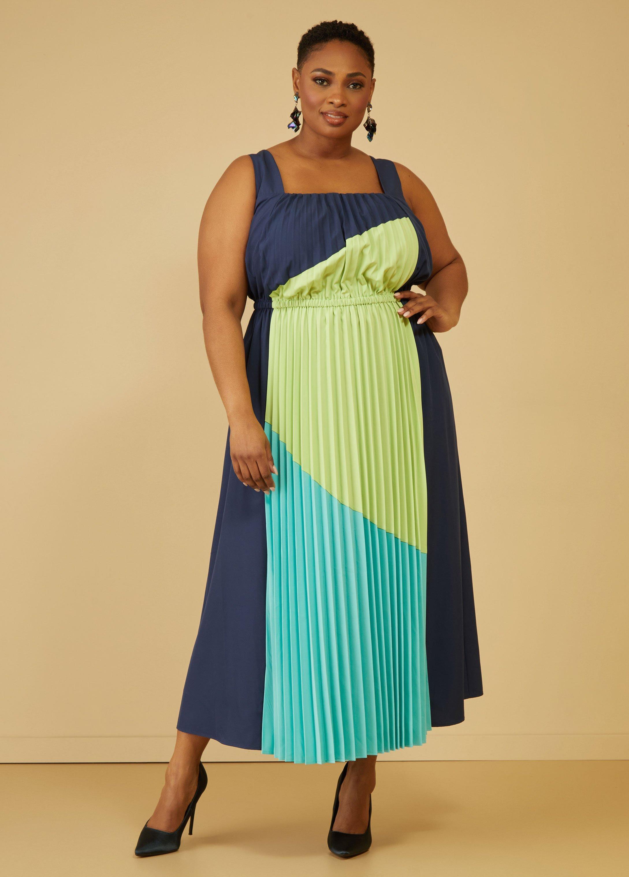 Plus Size Colorblock Pleated Maxi Dress Ashley Stewart Product Image